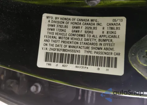 2013 Honda Civic Ex z USA, uszkodzony, nr VIN 2HGFB2F88DH555245